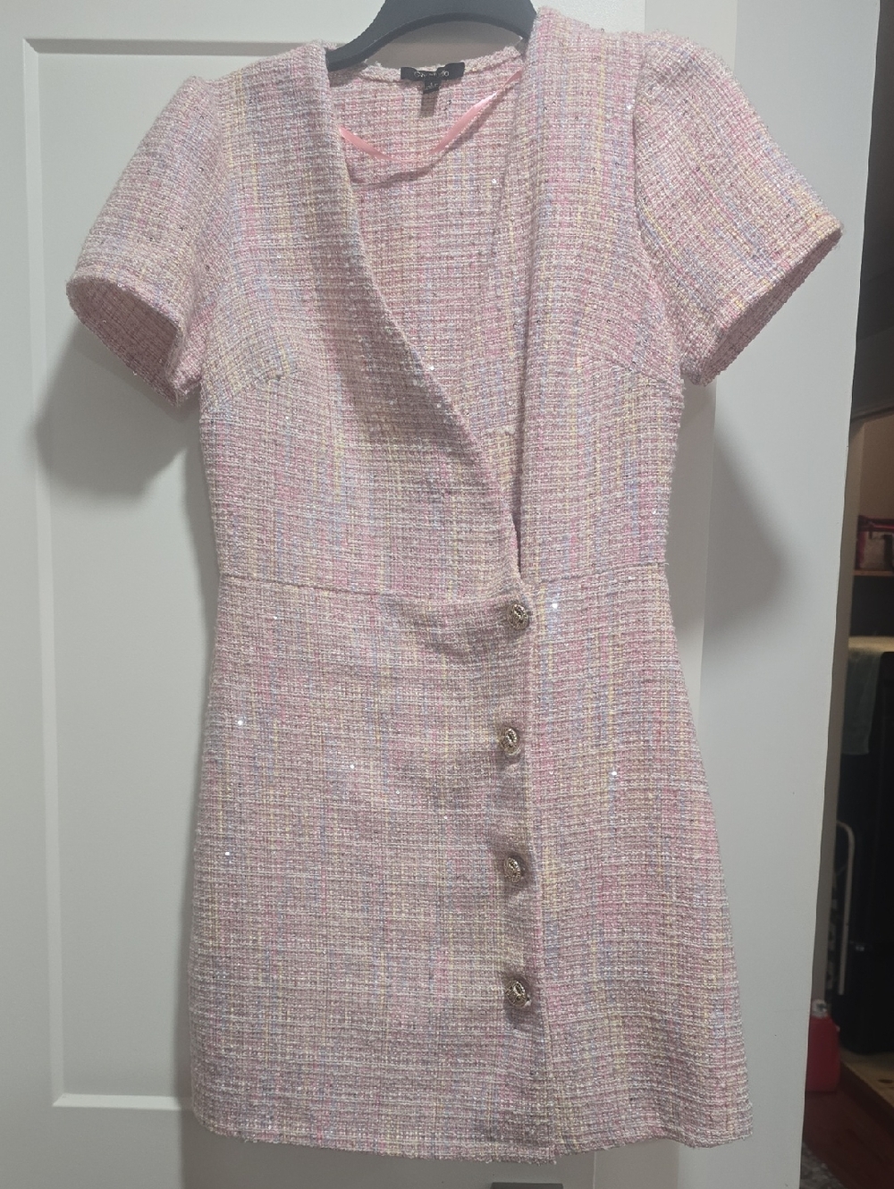 City Studio Pastel Pink Tweed Short Sleeve Dress
